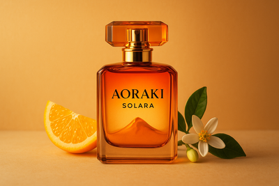 Generate product image parfume  :

Aoraki Solara
Tone: Warm Amber & Sunset Orange

Description: Perpaduan citrus segar, bunga neroli, dan musk putih yang hangat. Wewangian ini memancarkan energi dan optimisme sejak tetes pertama.

Philosophy: Melambangkan semangat terbitnya matahari di puncak gunung, mengingatkan bahwa setiap hari adalah kesempatan baru untuk bersinar.

