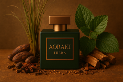 generate product square image parfume :

 Aoraki Terra
Tone: Forest Green & Bronze

Description: Perpaduan earthy vetiver, patchouli, dan cedarwood yang dipermanis dengan aroma kakao dan rempah eksotis. Hangat, grounding, dan berkarakter kuat.

Philosophy: Mengajak pemakainya kembali terhubung dengan bumi, menjejak kokoh sambil menikmati aroma alam yang memeluk.